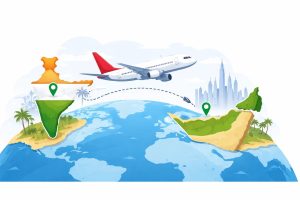 Minimal editorial illustration of an airplane flying between India and the UAE with a simple globe symbol, representing resumed international flights and stranded passengers returning home.