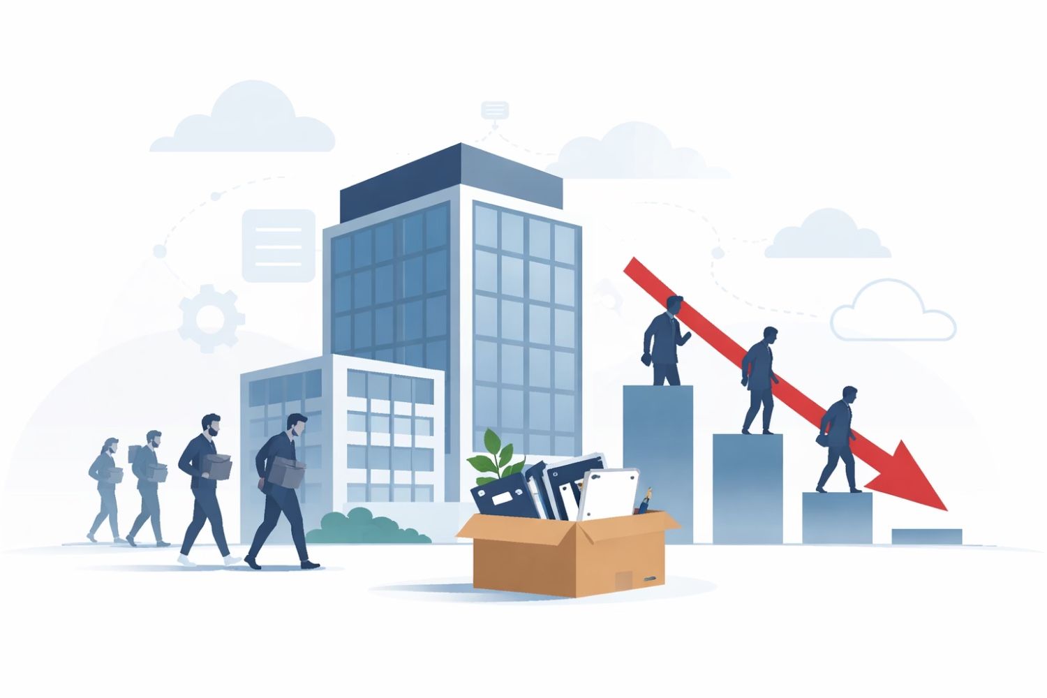 Minimal editorial illustration representing Oracle layoffs and the changing tech job market, showing a corporate building with a shrinking workforce symbol and cloud technology icons in a clean vector style.