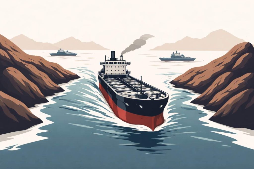 Minimal editorial illustration showing an oil tanker sailing through a narrow sea route symbolizing the Strait of Hormuz, representing global shipping security and energy supply concerns.