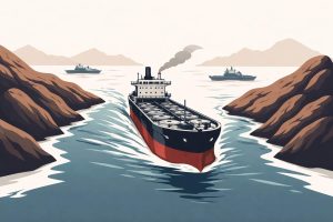 Minimal editorial illustration showing an oil tanker sailing through a narrow sea route symbolizing the Strait of Hormuz, representing global shipping security and energy supply concerns.