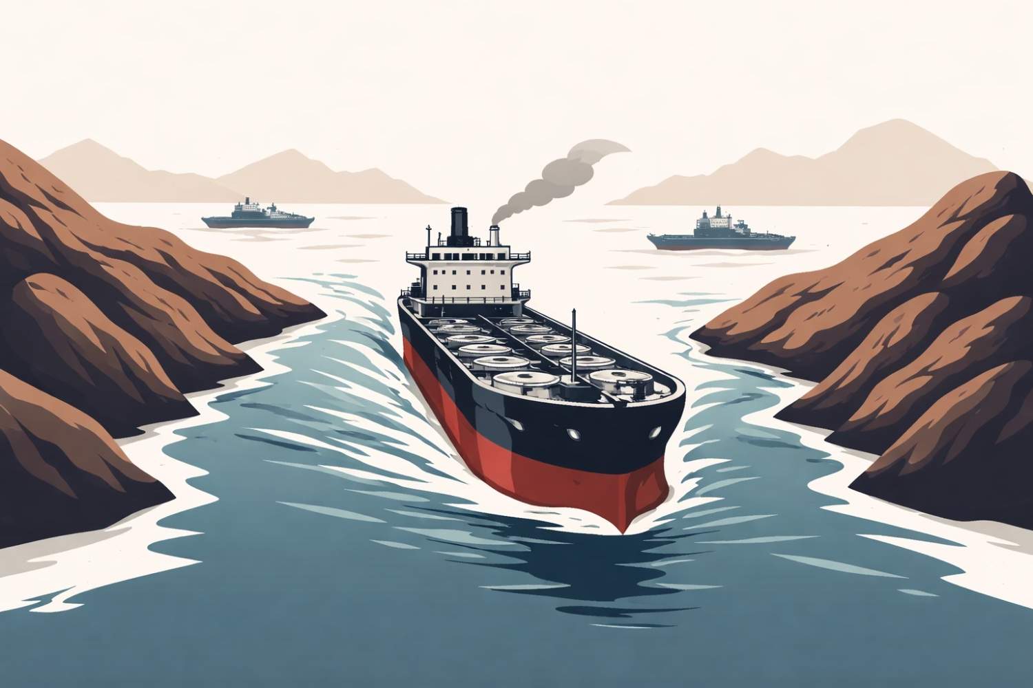 Minimal editorial illustration showing an oil tanker sailing through a narrow sea route symbolizing the Strait of Hormuz, representing global shipping security and energy supply concerns.