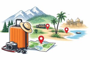 Illustration showing popular budget travel destinations in India during summer with mountains, beaches, and travel icons symbolizing affordable holiday planning.