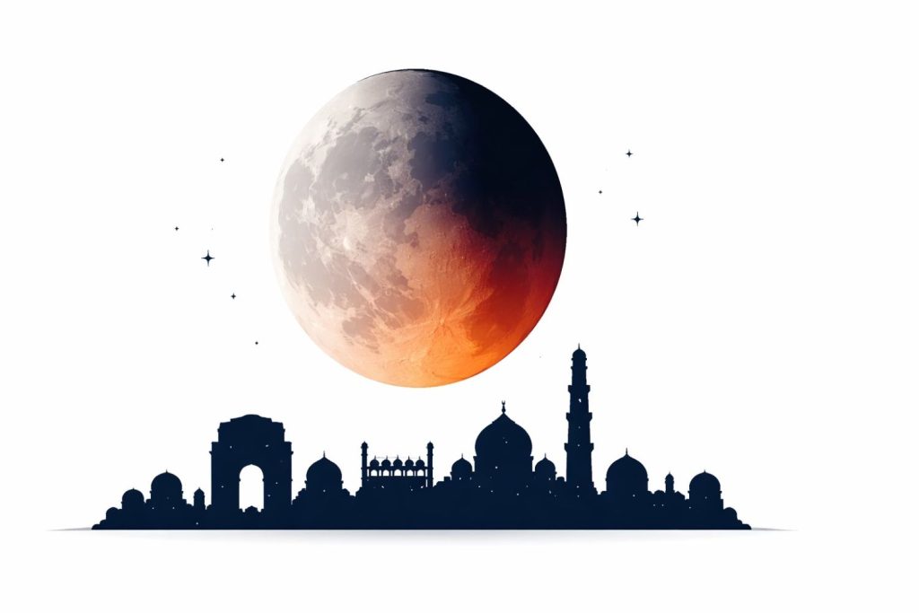Lunar eclipse over India night sky with Earth’s shadow partially covering the Moon during Chandra Grahan on March 3, 2026.