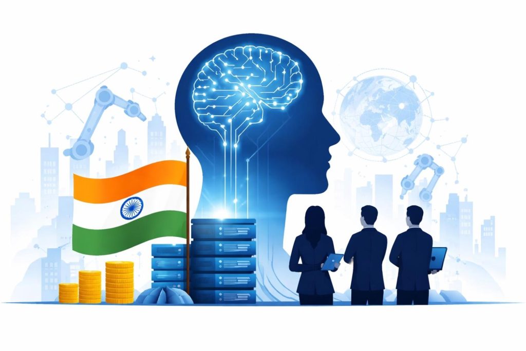 Leaders from government, startups and global tech firms on stage at the India AI Impact Summit 2026 in New Delhi, with a large digital screen displaying AI-themed graphics in the background.