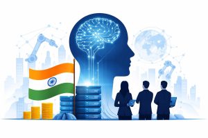 Leaders from government, startups and global tech firms on stage at the India AI Impact Summit 2026 in New Delhi, with a large digital screen displaying AI-themed graphics in the background.