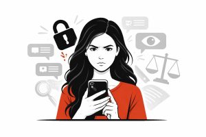 Minimal editorial illustration of a woman holding a smartphone with symbols of privacy breach and legal action representing the viral alleged chat leak controversy