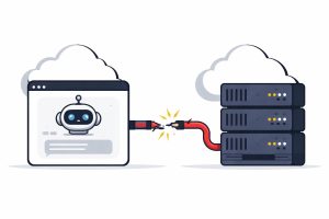 Minimal editorial illustration representing an AI chatbot outage with a broken connection symbol between servers and a chatbot interface, symbolizing disruption in artificial intelligence services.