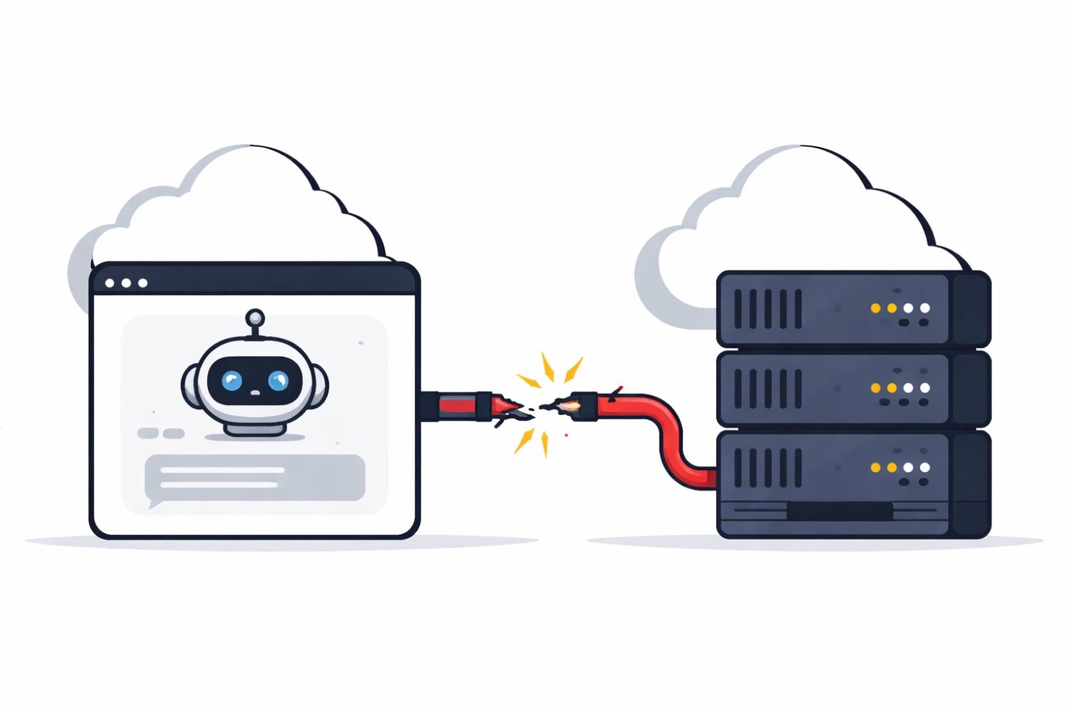 Minimal editorial illustration representing an AI chatbot outage with a broken connection symbol between servers and a chatbot interface, symbolizing disruption in artificial intelligence services.