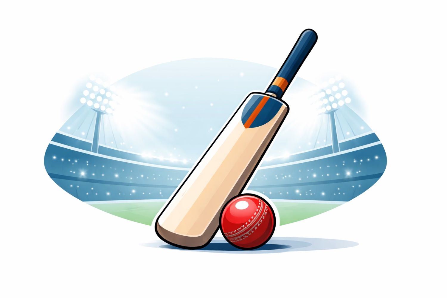 Minimal editorial illustration showing a cricket bat and ball with a glowing stadium light in the background, symbolizing the T20 World Cup and India’s cricket excitement.