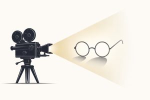 Minimal editorial illustration of a film camera projecting light with a symbolic Gandhi-style round glasses silhouette appearing in the beam, representing the trending film “Gandhi Talks”.