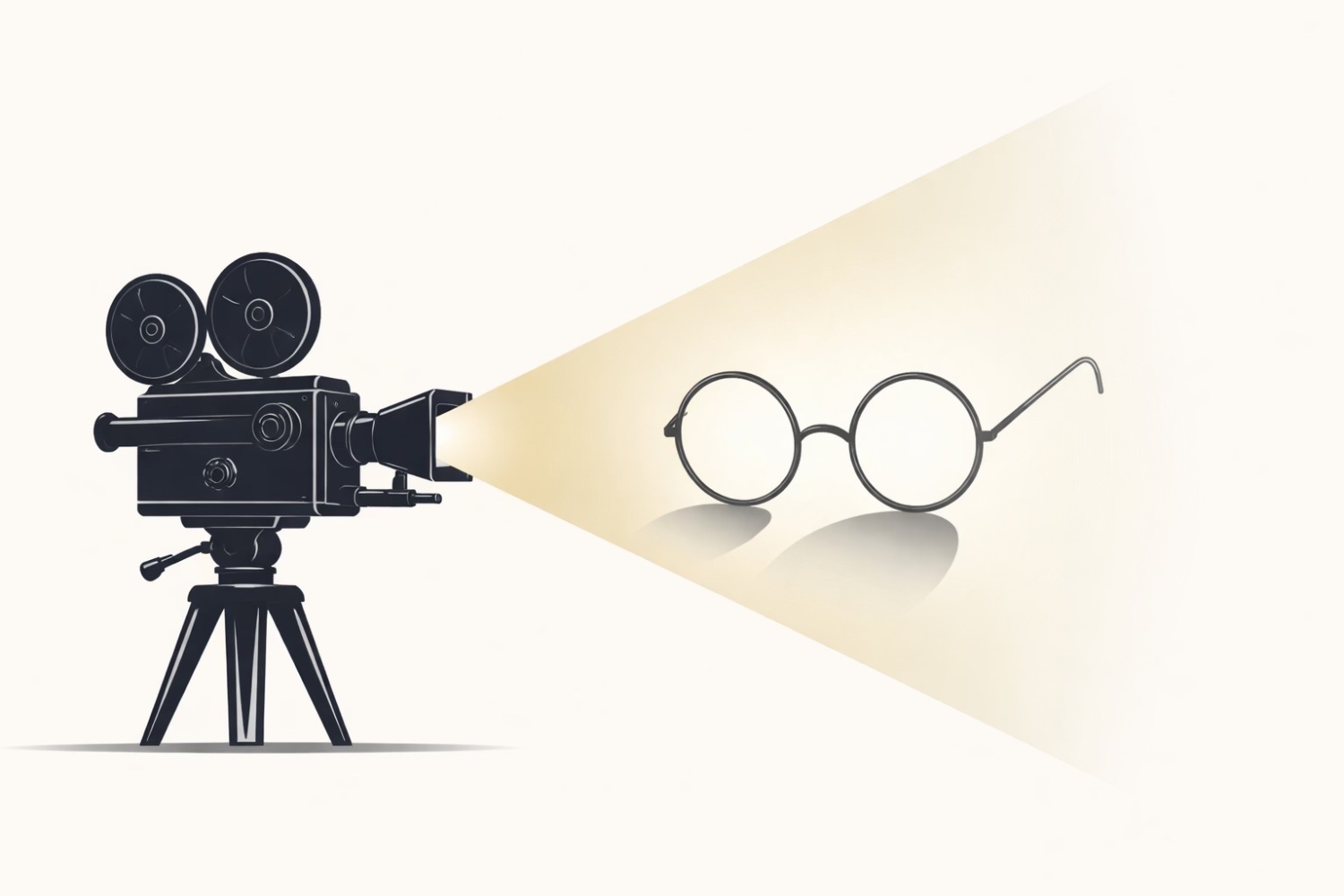 Minimal editorial illustration of a film camera projecting light with a symbolic Gandhi-style round glasses silhouette appearing in the beam, representing the trending film “Gandhi Talks”.