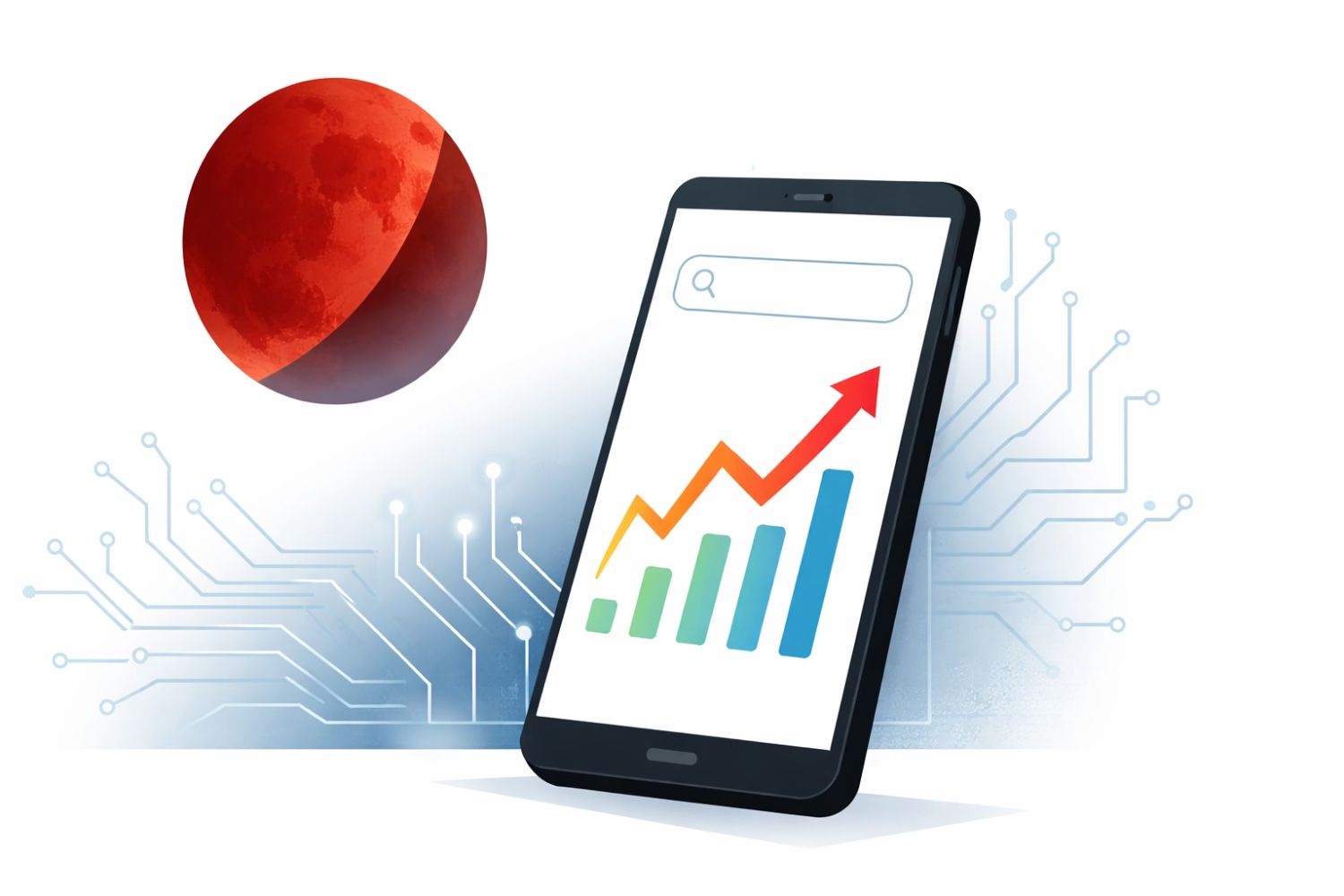 Illustration showing a glowing moon representing a lunar eclipse, a smartphone displaying rising search trends, and AI circuit patterns in the background on a clean white backdrop.