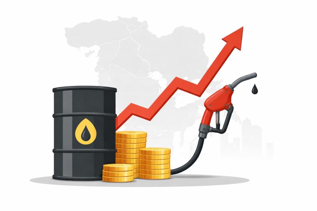 Minimal editorial illustration showing an oil barrel and fuel pump rising like a price graph with a faint map outline of the Middle East in the background, symbolizing rising global oil prices due to regional conflict.